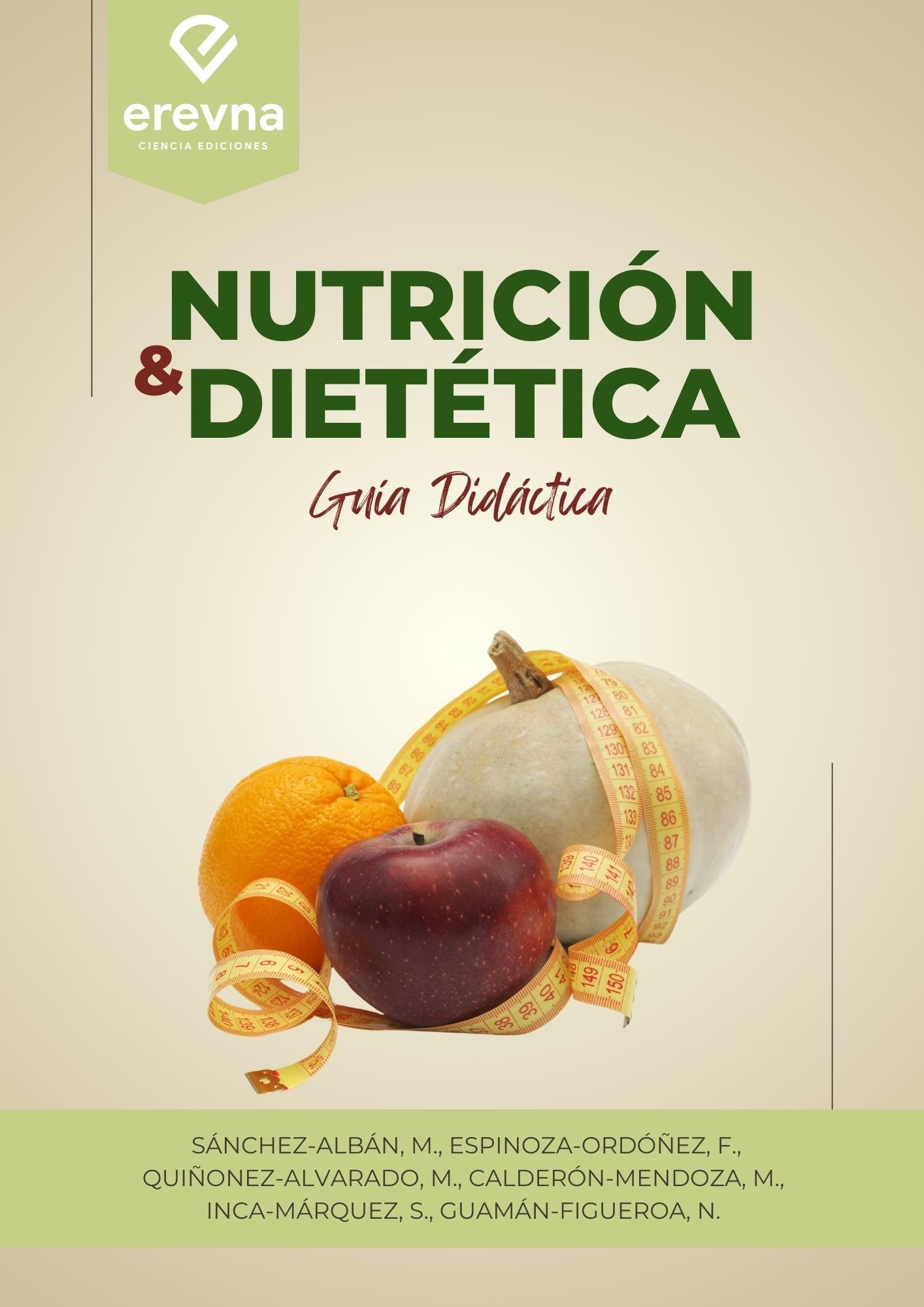 portada de nutrición y didáctica representada por una manzana, una naranja y un zapallo junto a una cinta métrica